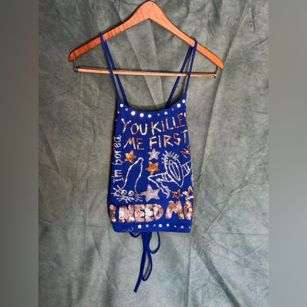 Discount Universe Blue Graphic Sequin Corset Tank Top